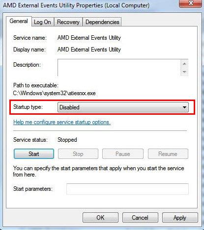 AMD service properties external events utility